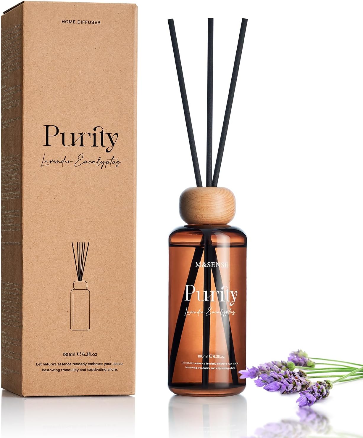 M&SENSE Lavender Eucalyptus Reed Diffuser: 6.3 fl oz Non-Toxic Aroma Set with Sticks, Light & Subtle Fragrance, Long-Lasting Natural Essential Oil Gifts for Bedroom, Shelf Decor & Small Spaces