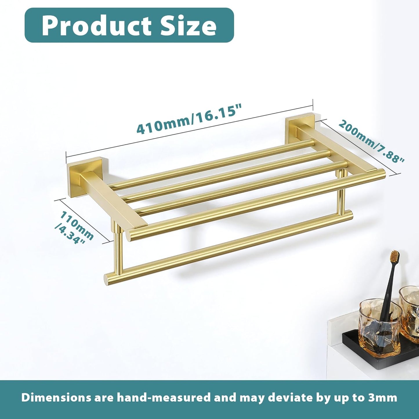 Alise Towel Rack,Towel Holder Towel Hanger with Towel Bar for Bathroom Lavatory,Wall Mount SUS 304 Stainless Steel Towel Shelf,GKL100-G Brushed Gold 16-Inch