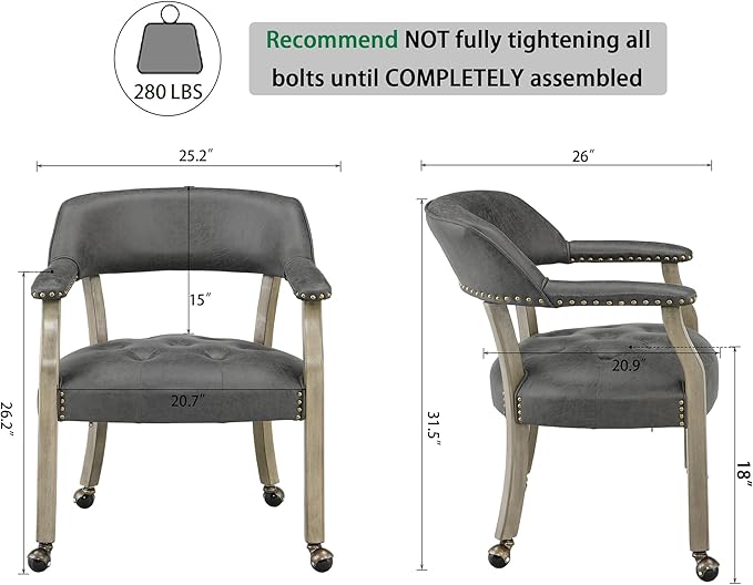 MODERION Solid Wood Boss Caption's Chairs,Dinning Chairs with Wheels and Arms, Office Desk Chairs, Classic Swivel Accent Chairs with Upholstered,Dinner Chairs, 31.5¡±H for Living Room Gray SY1318GY