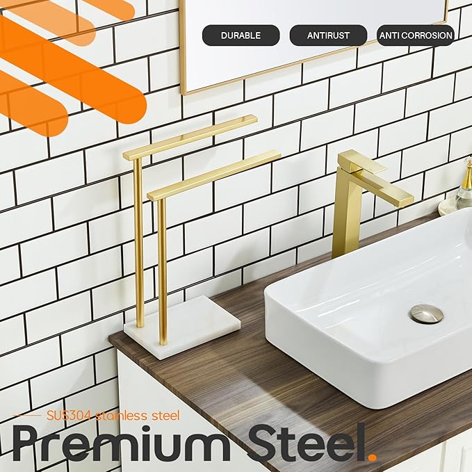 Hand Towel Bars for Bathroom Vanity Countertop 2-Tier Towel Rack Holders Stand with Heavy Marble Base Thicken Steady, Brushed Gold Stainless Steel AN7003GD