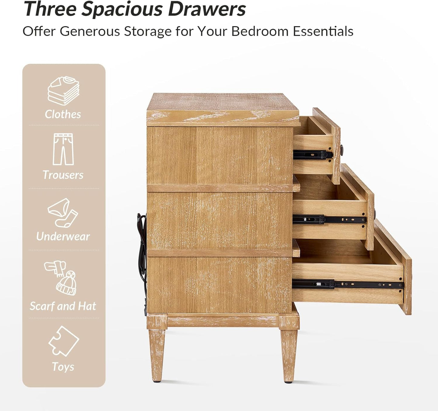 HULALA HOME 3-Drawer Nightstand with Charge Station, Farmhouse Nightstand with Solid Wood Legs, Set of 2(Acorn)