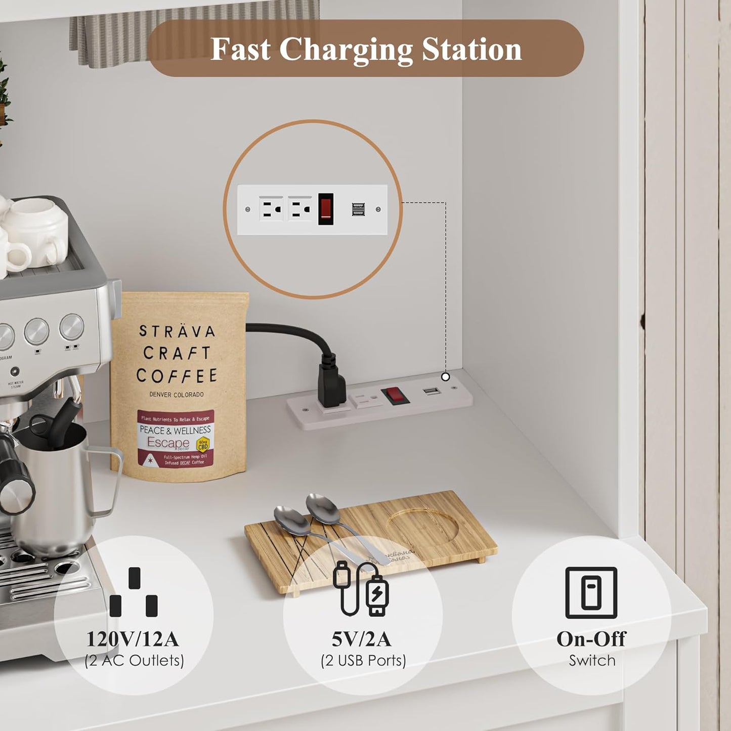 HOSTACK 75.4" Tall Kitchen Pantry Cabinet with Charging Station, Modern White Kitchen Hutch with Microwave Stand and Wine Racks, Large Food Pantry Storage Cabinet with Glass Doors and Drawers, White