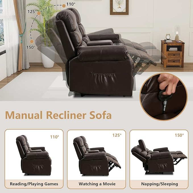 Loveseat Reclining Sofa, Home Theater Seating with Center Console, RV Recliner Sofa with Cup Holders and Pockets, Manual Double Seater Recliner for Living Room, Motor Home, Cinema(Brown)