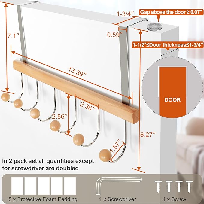 TOPIA HANGER Over The Door Hooks for Hanging, Towel Hooks Towel Racks for Bathroom, Coat Hooks Coat Rack Over The Door Organizer Hanging, Wooden Door Hangers for Coat Towel Hat Purse CT72N - 2 Pack
