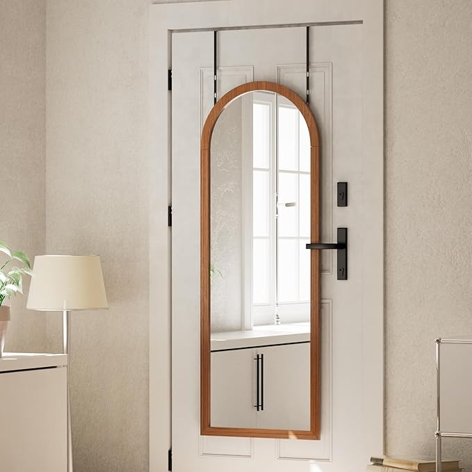18"x48" Full Length Over The Door Mirror with Wood Frame Shatterproof Tempered Glass, Space-Saving Design, Adjustable Height Hooks