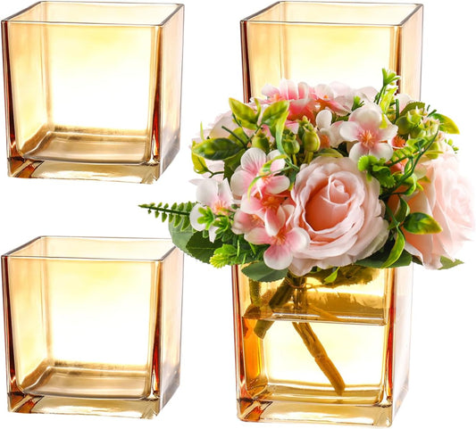 Square Glass Vases Set of 4, 5" x 5" x 5" Amber Flower Vases for Centerpieces, Square Vase for Flowers, Small Vase for Wedding, Party, Home Office Decoration