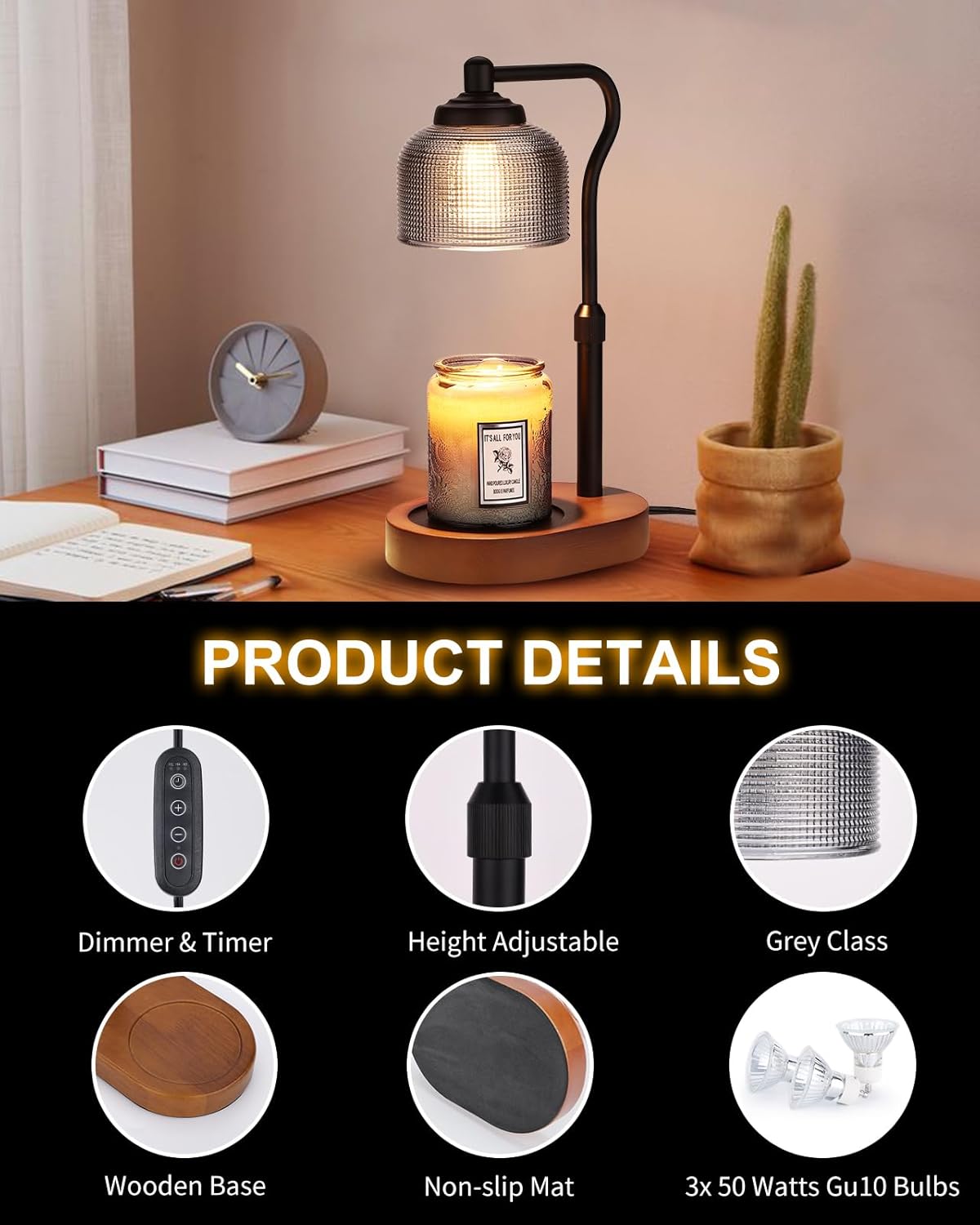 Candle Warmer Lamp with Timer, Electric Candle Warmer Adjustable Height, Mothers Day Gift for Mom, Dimmable Modern Candle Lamp with 3 Bulbs for Home Decor House Warming Gifts, Grey Glass