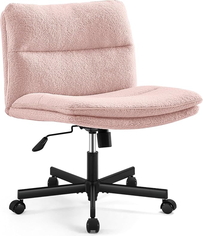 EMIAH Pink Criss Cross Armless Office Desk Chair with Wheels, Faux Fur, Comfy Mid-Back, Swivel, for Home Office