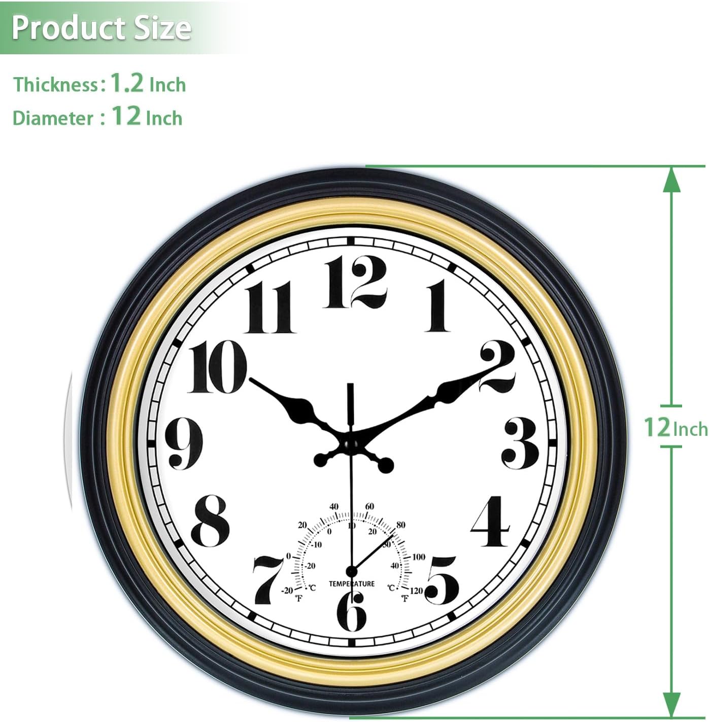 45MinST 12 Inch Indoor/Outdoor Retro Round Waterproof Wall Clock with Thermometer, Silent Non Ticking Battery Operated Quality Quartz Wall Clock Home/Patio Decor