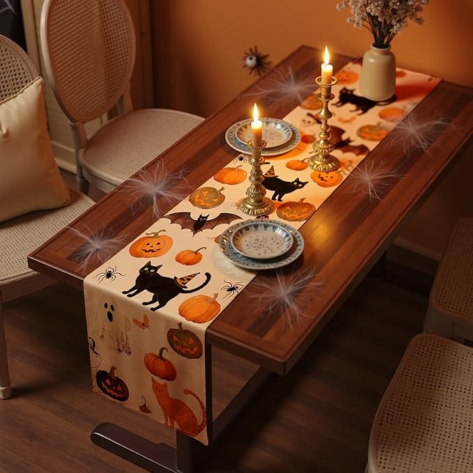 Halloween Table Runner with Spooky Pumpkins & Halloween Icons, Table Decoration for Dining Party and Home Decor,48x13 inches