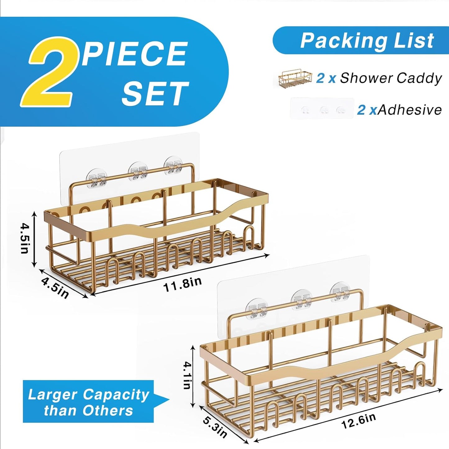 Shower Caddy 2 Pack, Adhesive Organizer for Bathroom Storage, Home Decor & Kitchen, No Drilling, Rustproof Stainless Steel Shelf, Bathroom Decor Sets