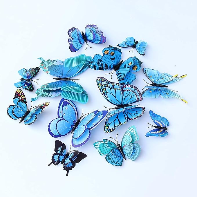 12PCS Butterfly Wall Decals Removable 3D Blue Butterflies Sticker with Magnets for Home Bedroom Kids Room Decor (Double Layer-Blue/12PCS)