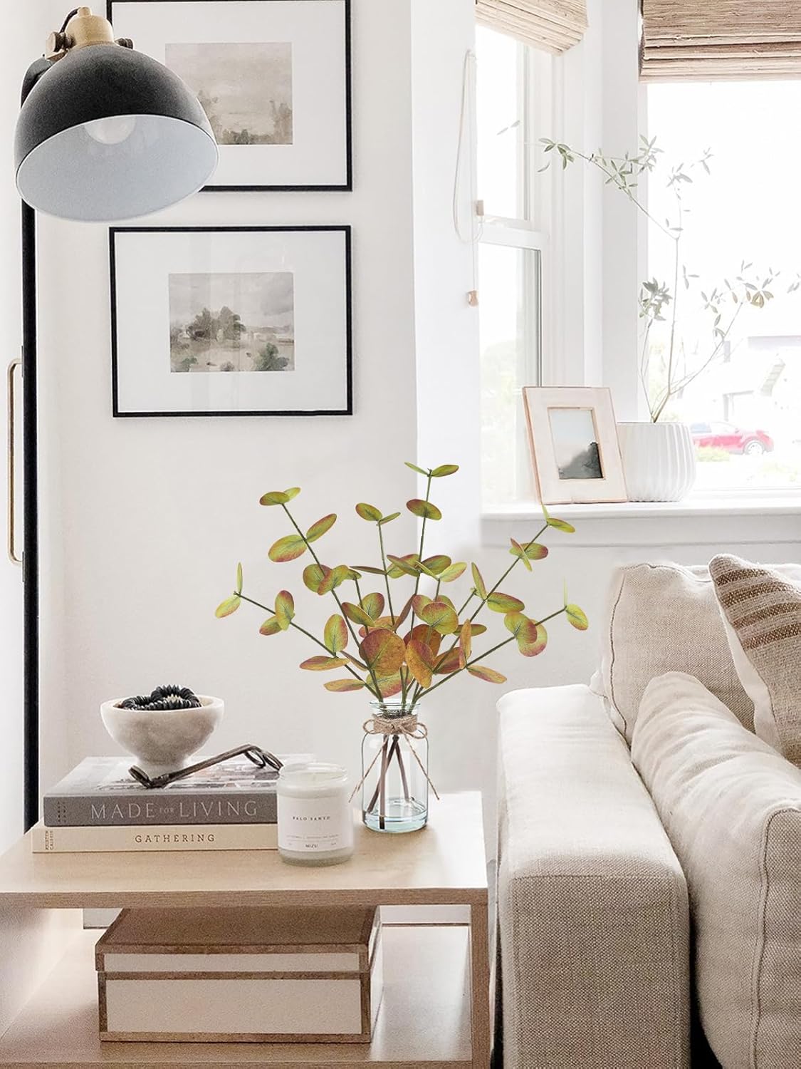 Fall Fake Eucalyptus Stems in Glass Vase with Faux Water 14" Fake Fall Plants with Artificial Eucalyptus Leaves Fall Decorations for Home Bathroom Desk Coffee Table Centerpiece Office Farmhouse Decor