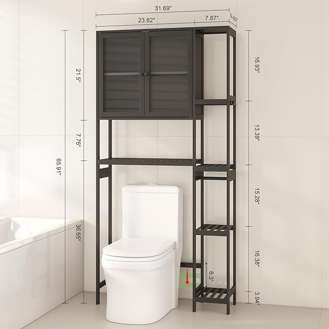 Over The Toilet Storage Cabinet Above Toilet Bathroom Organizer with Toilet Paper Holder Stand Bath Organizer with Adjustable Shelves & Acrylic Doors,Anti-Tip Device (Black, 3 Tiers with Cabinet)