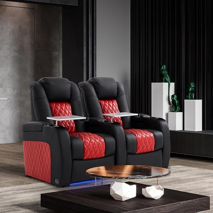 Home Theater Seating, Top Grain Leather Movie Seats Recliner Chair, Zero Gravity Reclining Gaming Sofa with Power Headrest 7 Colors Ambient Lighting 4 Seats Loveseat Middle Black Dark Red