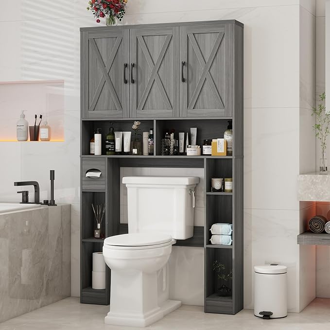 Over The Toilet Storage Cabinet, Farmhouse Toilet Cabinet Rack with 3 Barn Doors, Space Saving Bathroom Organizer with Shelves, Toilet Paper Holder and Towel Rack for Bathroom,Restroom,Laundry