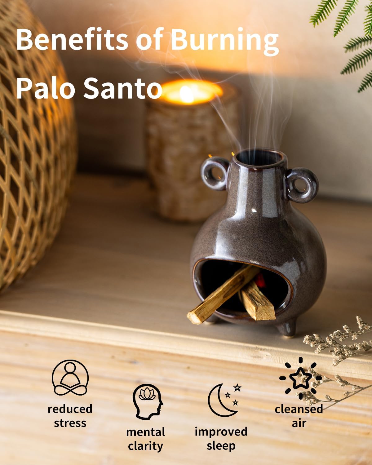 Ceramic Chiminea Palo Santo Holder, Modern Incense Holder Burner for Sticks Sage Bundles Cone Incense, Chimenea Incense Dish for Meditation Decor, Brown