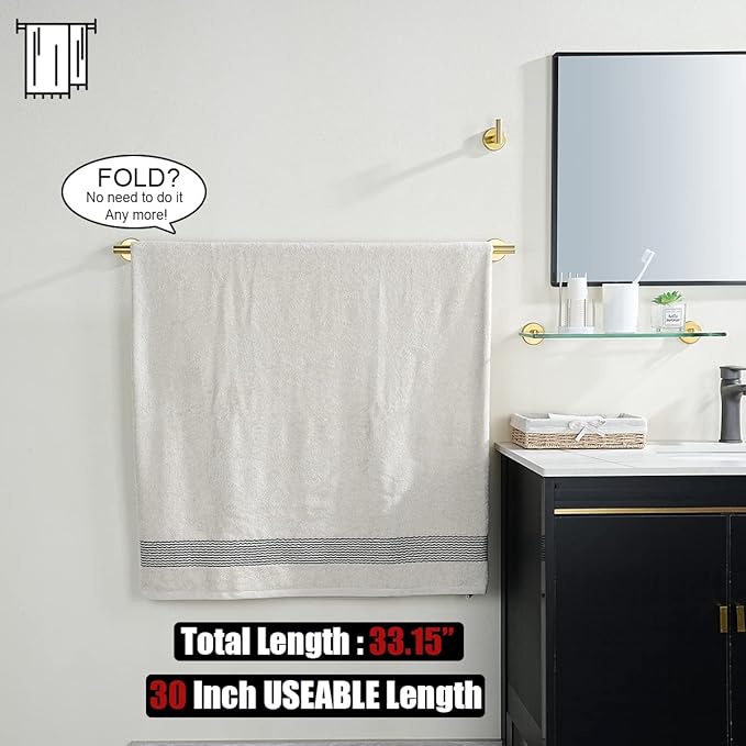 JQK Gold Towel Bar, 33 Inch 304 Stainless Steel Thicken 0.8mm Towel Rack Bathroom, Towel Holder Brushed Golden Wall Mount, Useable Length 30 Inch 2 Pack, TB110L30-BG-P2