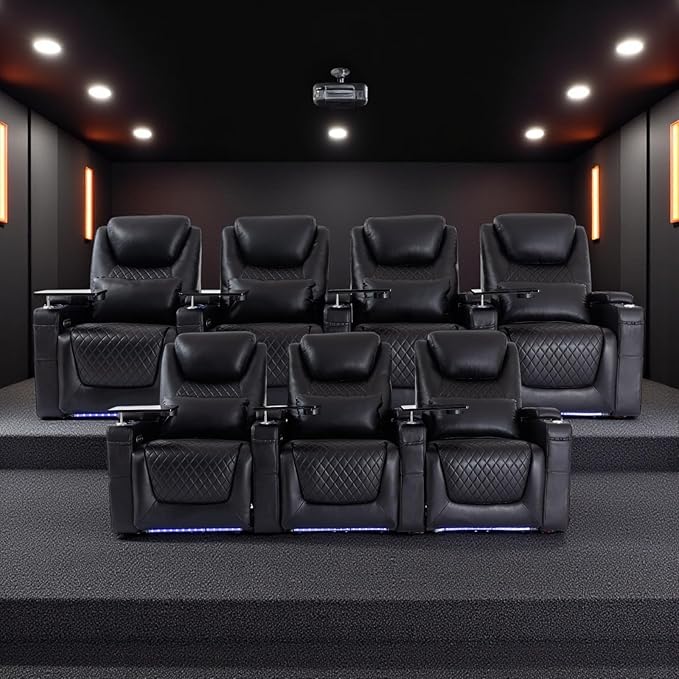 Home Theater Seating Seats, Theater Recliner Chair Sofa Game Movie Theater Chairs with 7 Colors Ambient Lighting, Lumbar Pillow, Side Pocket, Tray Table, Power Recline, Black