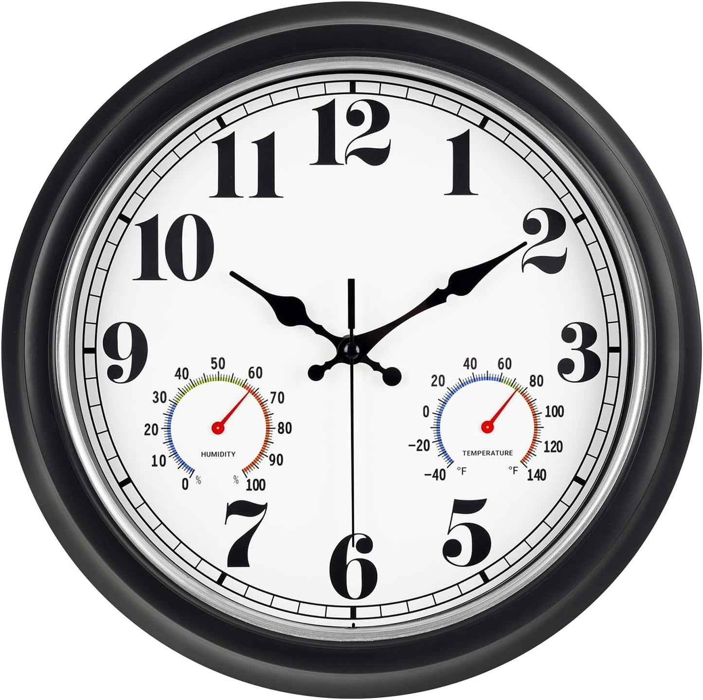 45MinST 13-Inch Vintage Outdoor Wall Clock with Thermometer and Hygrometer, Waterproof, Large Numbers, Silent, for Indoor and Outside Use,Porch,Garden,Pool(Black Frame with Silver Trim)