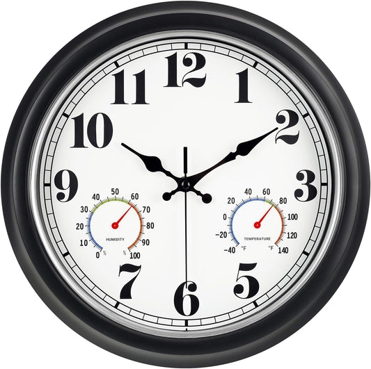 45MinST 13-Inch Vintage Outdoor Wall Clock with Thermometer and Hygrometer, Waterproof, Large Numbers, Silent, for Indoor and Outside Use,Porch,Garden,Pool(Black Frame with Silver Trim)