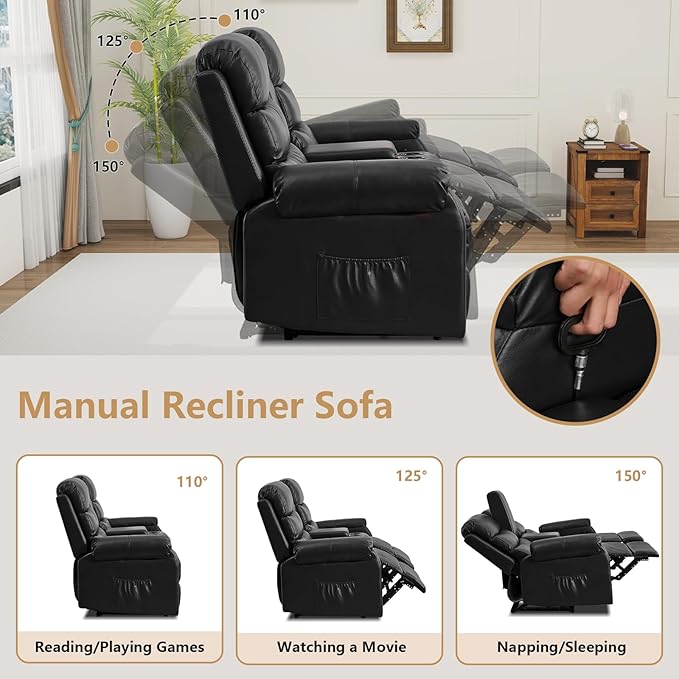 Loveseat Reclining Sofa, Home Theater Seating with Center Console, RV Recliner Sofa with Cup Holders and Pockets, Manual Double Seater Recliner for Living Room, Motor Home, Cinema(Black)