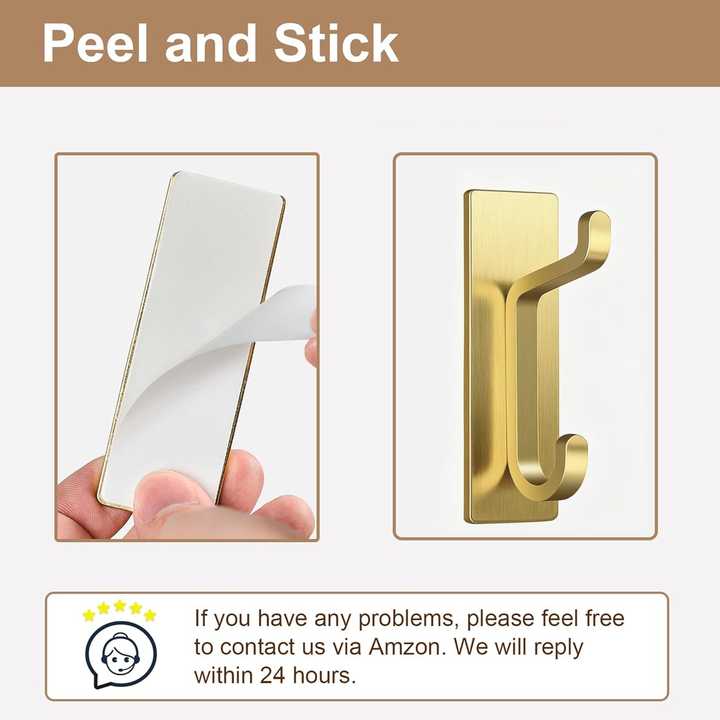 pickpiff Self Adhesive Hooks, Extra Sticky 10LB (Max), Heavy Duty Stainless, Stick On Wall and Door Hooks for Hanging, Bathroom Towel Hooks and Coat Hooks, Robe Hook Wall Mounted, Gold, 4 Pack