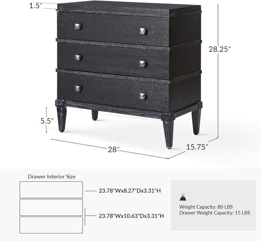 HULALA HOME 3-Drawer Nightstand with Charge Station, Farmhouse Nightstand with Solid Wood Legs, Set of 2(Black)