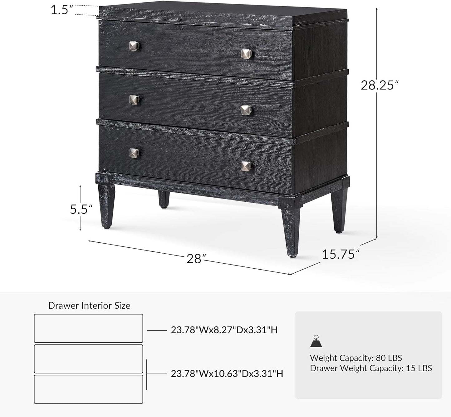 HULALA HOME 3-Drawer Nightstand with Charge Station, Farmhouse Nightstand with Solid Wood Legs(Black)