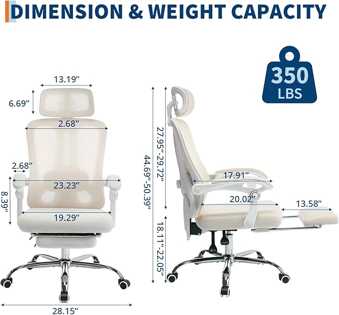 GarveeHome High Back Ergonomic Office Chair with Mesh Back, Retractable Footrest, Adjustable Headrest & Lumbar Support – Wide Computer Desk Chair with Wheels for Home Office or Bedroom, Beige