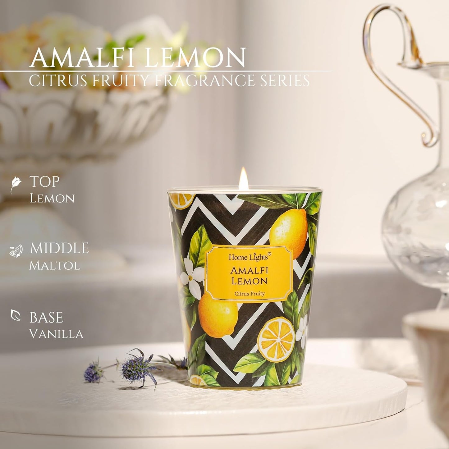 HomeLights Large jar Candle | 1-Wick Long-Lasting Scented Candles, 6.7oz Natural Soy Wax Candle for Home Scented, Eclectic Mixed Styles Gifts for Women & Men, Amalfi Lemon