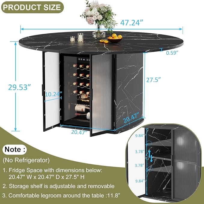 IBF Black Round Dining Table with Fridge Space, 47" Faux Marble Dining Room Table for 4-6, Modern Kitchen Tables with Storage Shelf, Circle Wood Dinner Tables for Home, Black Marble, Only Table