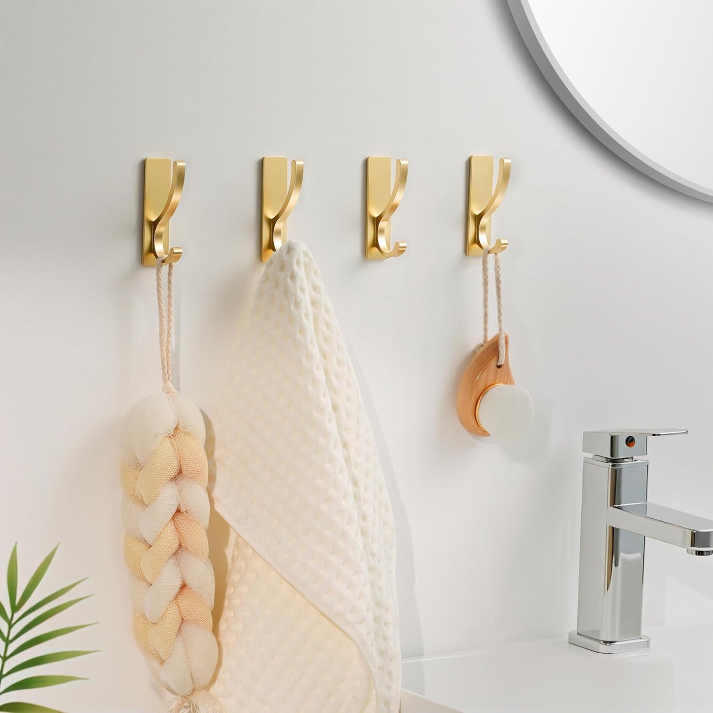 Adhesive Wall Hooks for Towels Coats - Stick On Hooks Hanging Heavy Duty (13lb), Metal Hook for Door, Bathroom, Dorm, Closet - Hanger for Purse, Bag, Robe,Backpack - No Damage to Wall - Gold 6 Pack