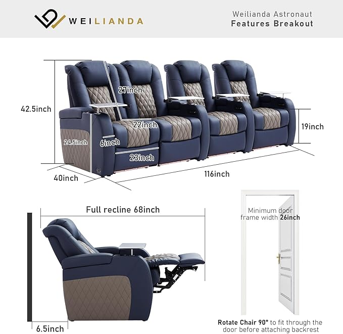 Home Theater Seating, Top Grain Leather Movie Seats Recliner Chair, Zero Gravity Reclining Gaming Sofa with Power Headrest 7 Colors Ambient Lighting 4 Seats Loveseat Left Blue Grey