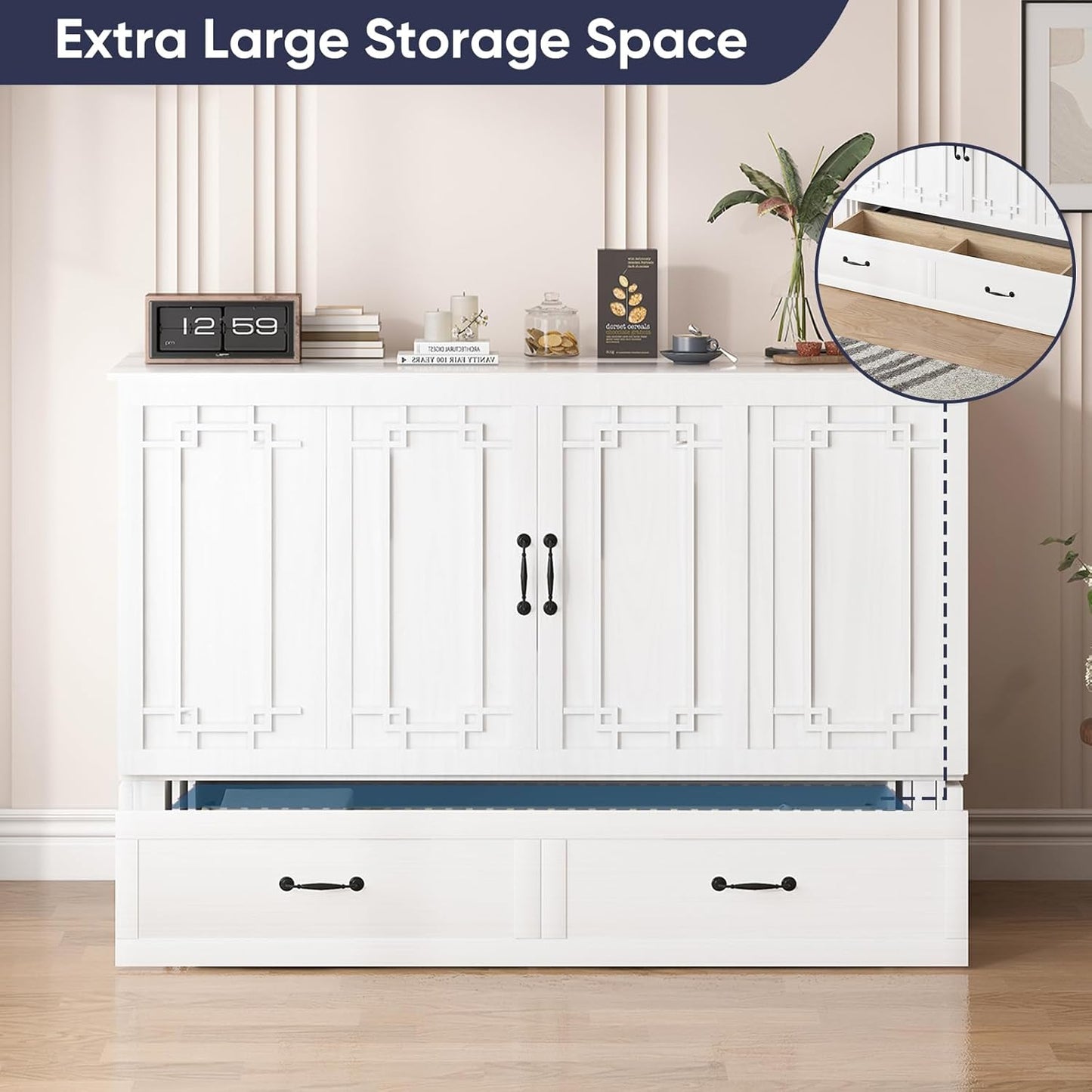 ijuicy Cube Murphy Bed Queen, Murphy Chest Cabinet Bed with 3 Level Foldable Memory Foam Mattress & 2 Large Drawers & Charging Station for Guests Room/Bedroom(White)