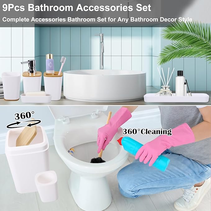 White Bathroom Accessories Set, 9 Piece Bathroom Accessory Set with Trash Can,Toothbrush Holder,Toothbrush Cup,Lotion Soap Dispenser,Vanity Tray,Soap Dish,Toilet Brush,Qtip Holder
