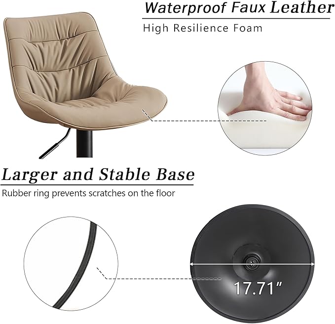 Kidol & Shellder Bar Stools Set of 2 Adjustable Swivel Khaki, PU Leather Upholstered with Back, Modern Counter Height Stools for Kitchen Island, Home Bar