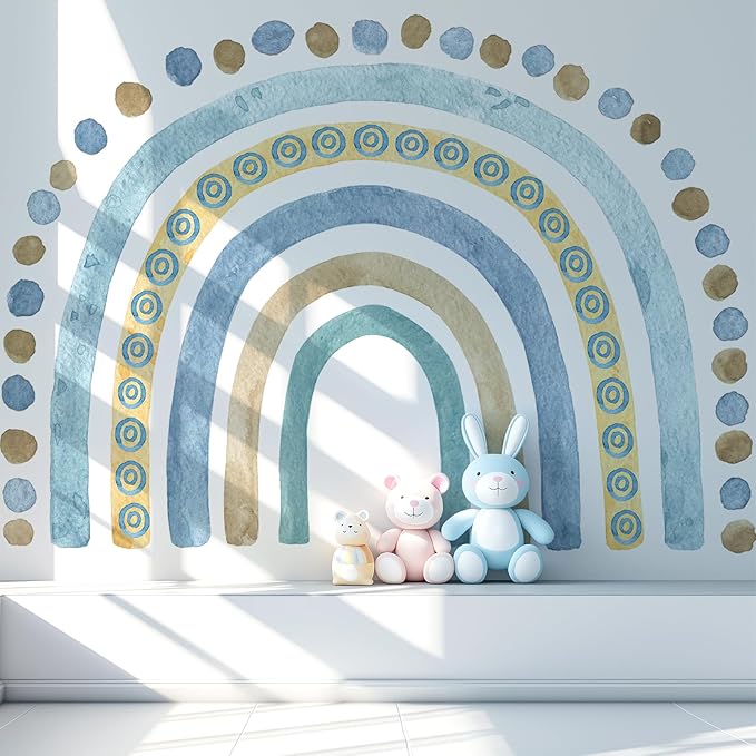 Large Watercolor Rainbow Wall Decals, Blue Dots Peel and Stick Fabric Nursery Wall Decor, Removable Home Room Wall Decor Murals Stickers for Kids Girls Toddler Bedroom Living Room Playroom