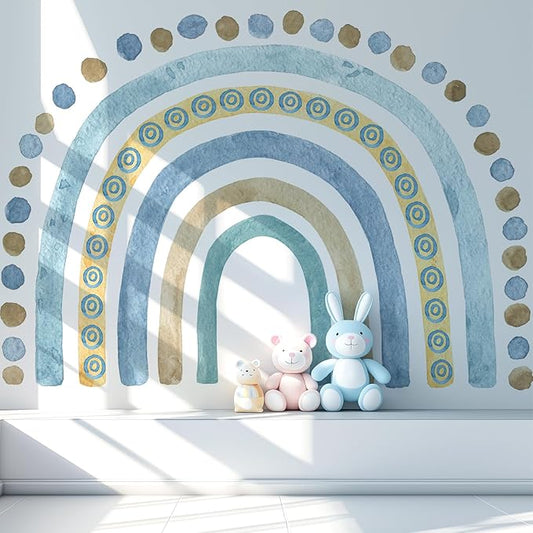Large Watercolor Rainbow Wall Decals, Blue Dots Peel and Stick Fabric Nursery Wall Decor, Removable Home Room Wall Decor Murals Stickers for Kids Girls Toddler Bedroom Living Room Playroom