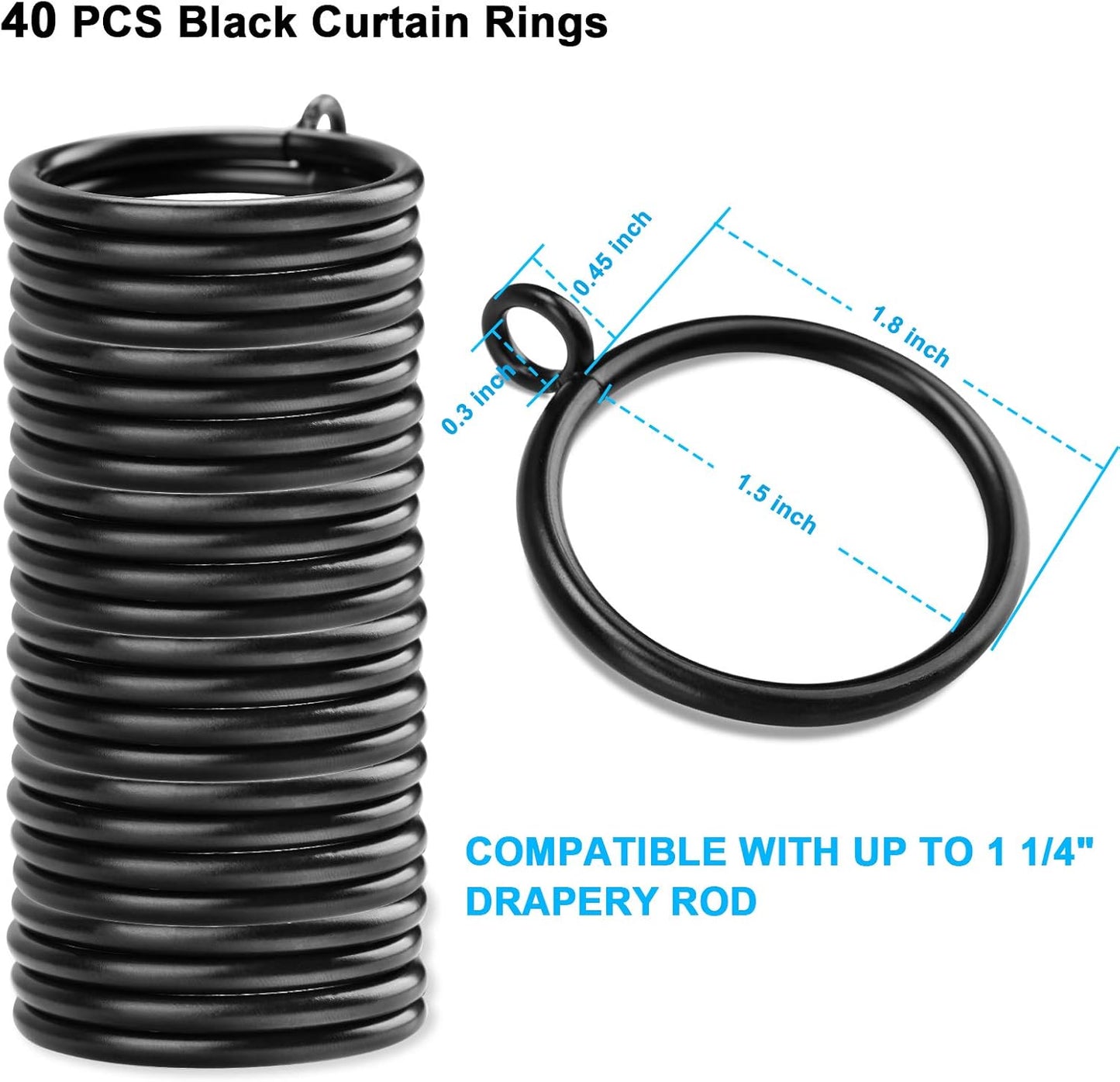 40 PCS Black Curtain Rings, Curtains Ring with Eyelet Apply for Up to 1 1/4-inch Curtain Rod (1.5 Inch Drapery Rings)