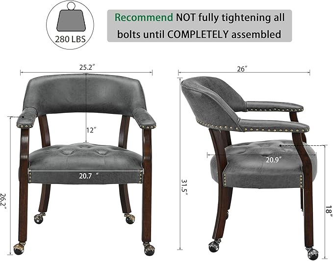 MODERION Solid Wood Boss Caption's Chairs,Dinning Chairs with Wheels and Arms, Office Desk Chairs, Classic Swivel Accent Chairs with Upholstered,Dinner Chairs,31.5”H for Living Room Gray SY318GY