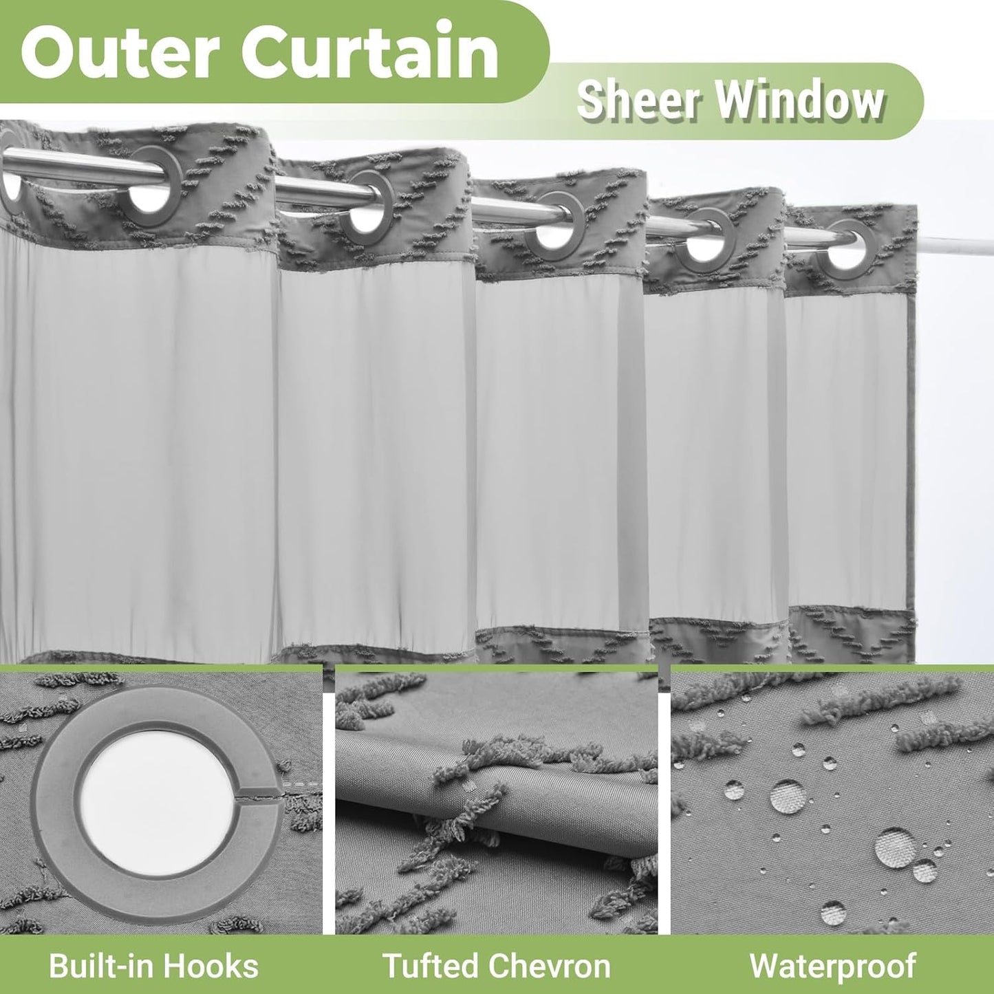 No Hook Shower Curtain with Snap in Liner, Tufted Chevron Striped Shower Curtain Set for Bathroom, Boho Waterproof and Washable Shower Curtains,71Wx77H, Grey