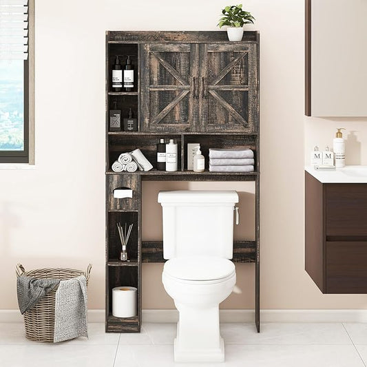 Over The Toilet Storage Cabinet, Farmhouse Storage Cabinet Over Toilet with 2 Barn Doors & Toilet Paper Holder Stand，Home Space-Saving Toilet Rack, for Bathroom, Restroom, Laundry