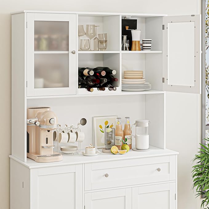 HOSTACK Kitchen Pantry Storage Cabinet, Modern Buffet Cabinet with Hutch, Tall Kitchen Hutch with Microwave Stand, Food Pantry with Doors and Shelves | Wine Rack for Dining Room, White