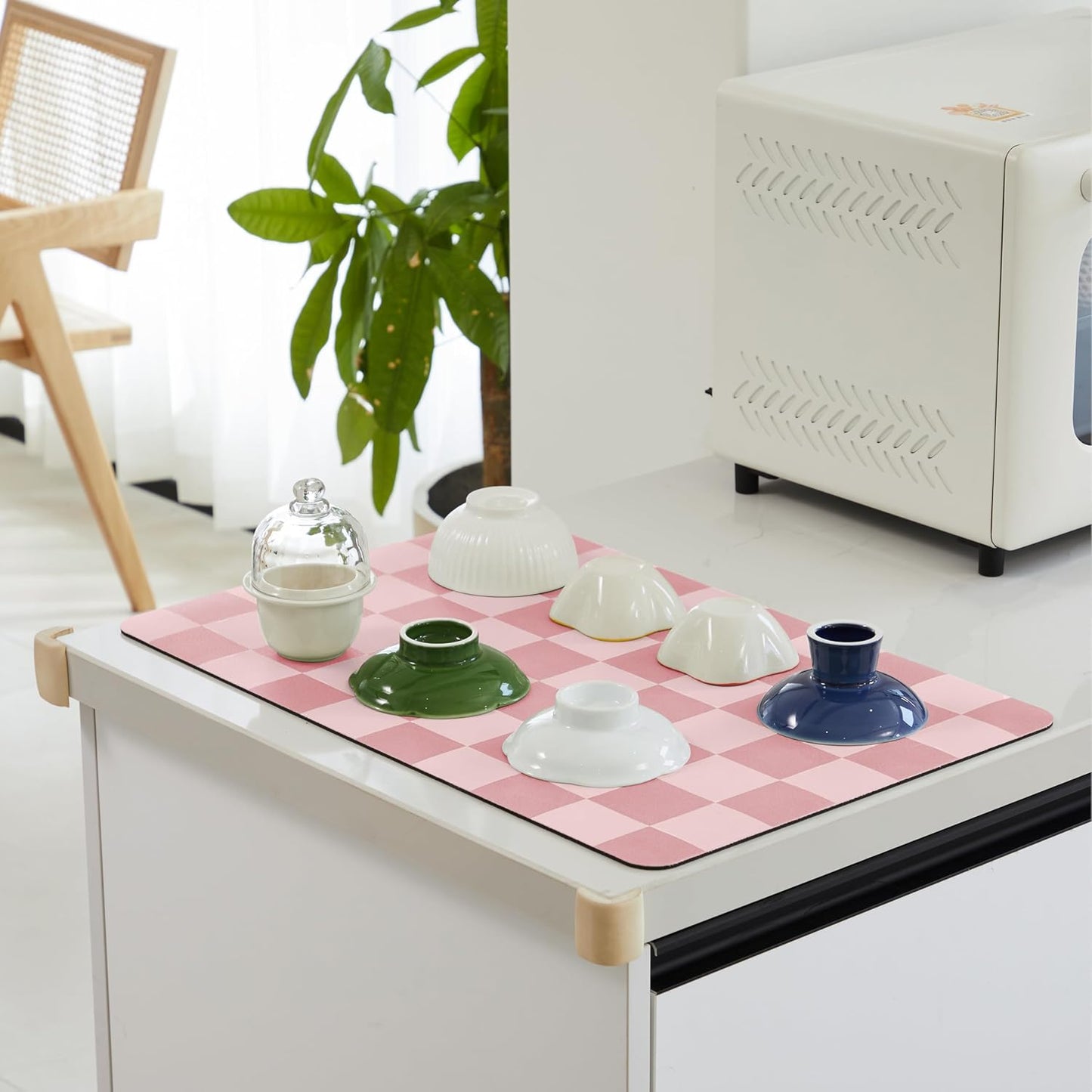 Checkered Dish Drying Mat for Kitchen Counter, Coffee Bar Station Accessories, Retro Cute Girly Pink Aesthetic Modern Absorbent Drainer Mat Kitchen Drying Mat Easy Clean, Coral 12" x 19"