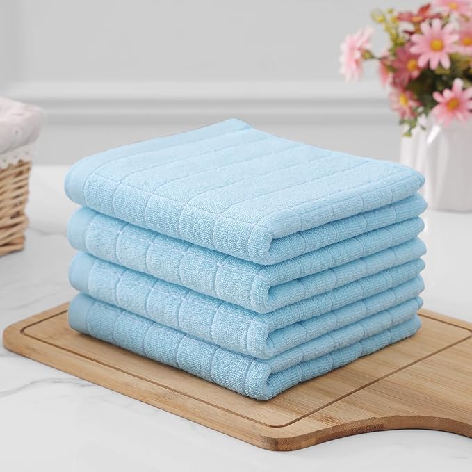Homaxy 100% Cotton Terry Kitchen Towels(Sky Blue, 13 x 28 inches), Checkered Designed, Soft and Super Absorbent Dish Towels, 4 Pack