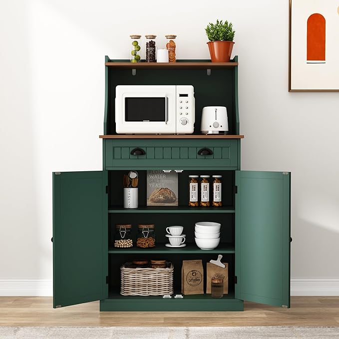 54" Kitchen Pantry Storage Cabinet with Doors and Adjustable Shelves, Green Freestanding Microwave Cabinet with Drawer for Kitchen, Coffee Bar, Living Room