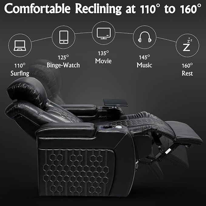 Home Theater Seating, Living Room, Powered Headrest, Powered Lumbar, Italian Leather, Powered Recline, Single Recliner (Black, Row of 1)