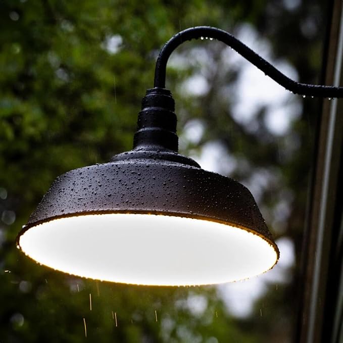Steel Lighting Co. Redondo Barn Light | Outdoor Wall Mounted | 20 inch Dome | 16 inch Gooseneck | Large Farmhouse Warehouse Light Made in America | Black Exterior/White Interior