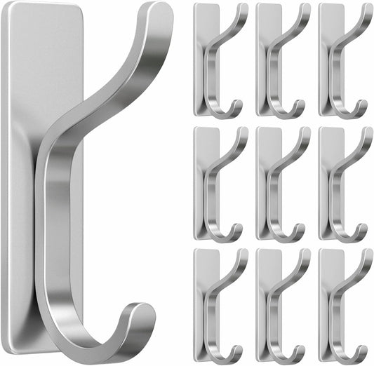 10-Pack Adhesive Wall Hooks for Hanging: Modern Silver Hooks Hold 13 LB, Sticky Wall & Door Hanger for Coats, Shower Towel, Bags, Backpack, Bathroom & Kitchen Utensils, Stainless, Metal